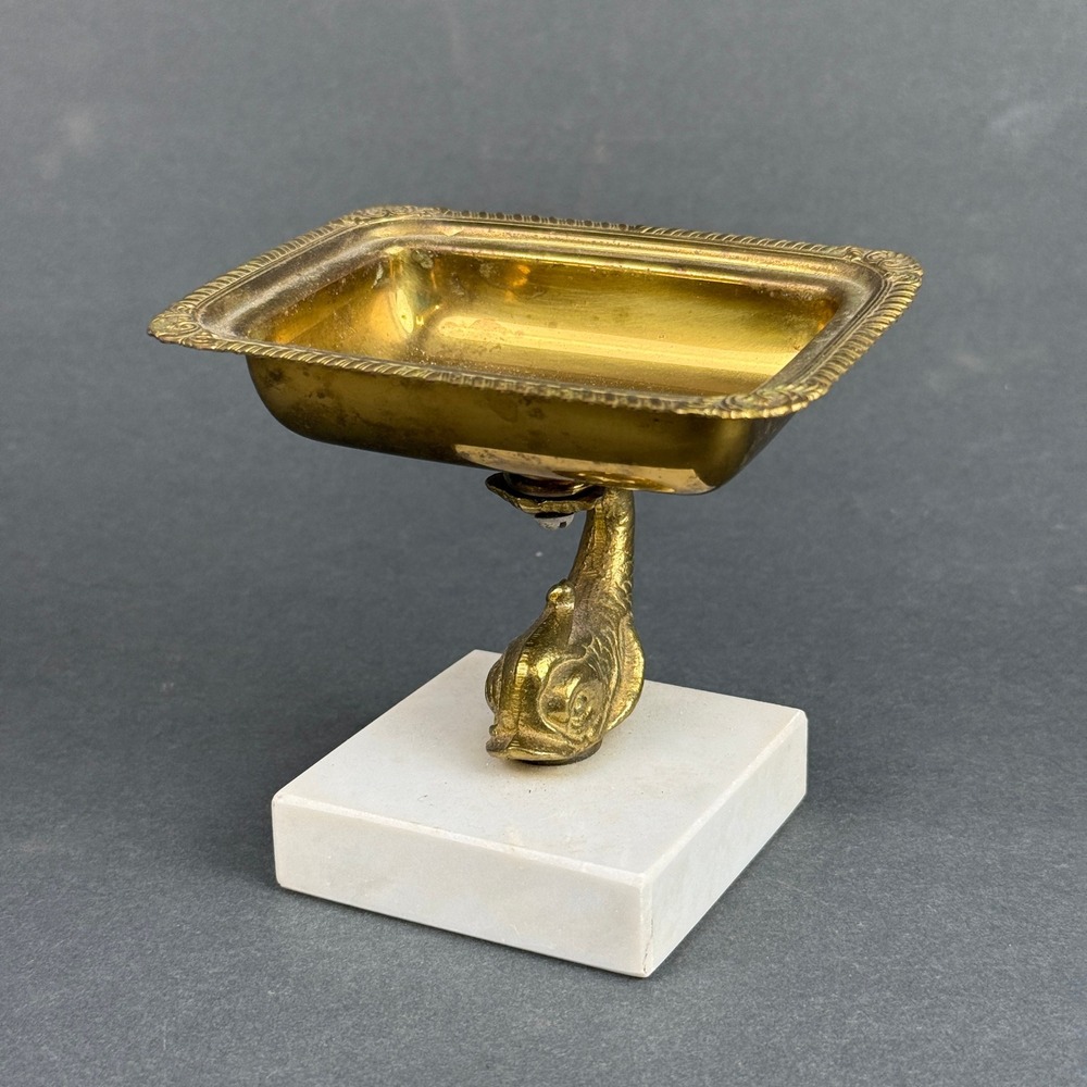 Vintage Italian Brass Koi Soap Dish Marble Base Trinket Tray Made in Italy